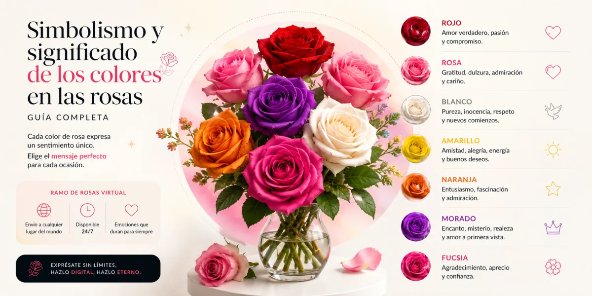 Mano sosteniendo un smartphone que muestra un ramo de rosas virtuales de múltiples colores brillantes