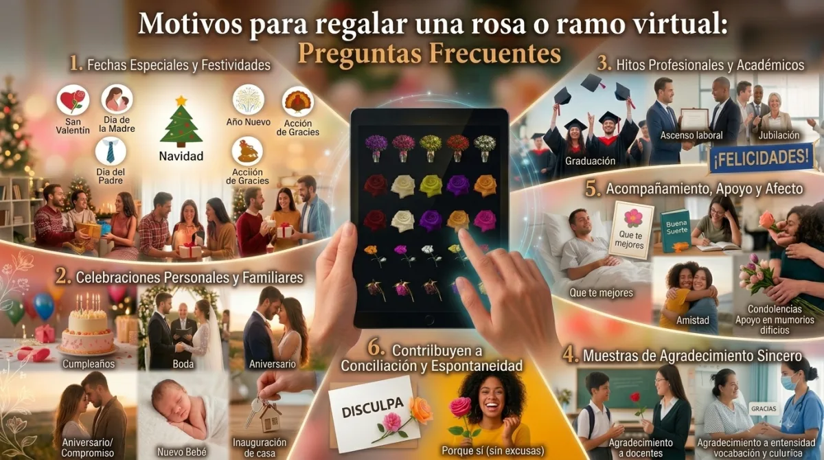 Pantalla de dispositivo mostrando opciones para regalar ramos de rosas virtuales en diferentes ocasiones