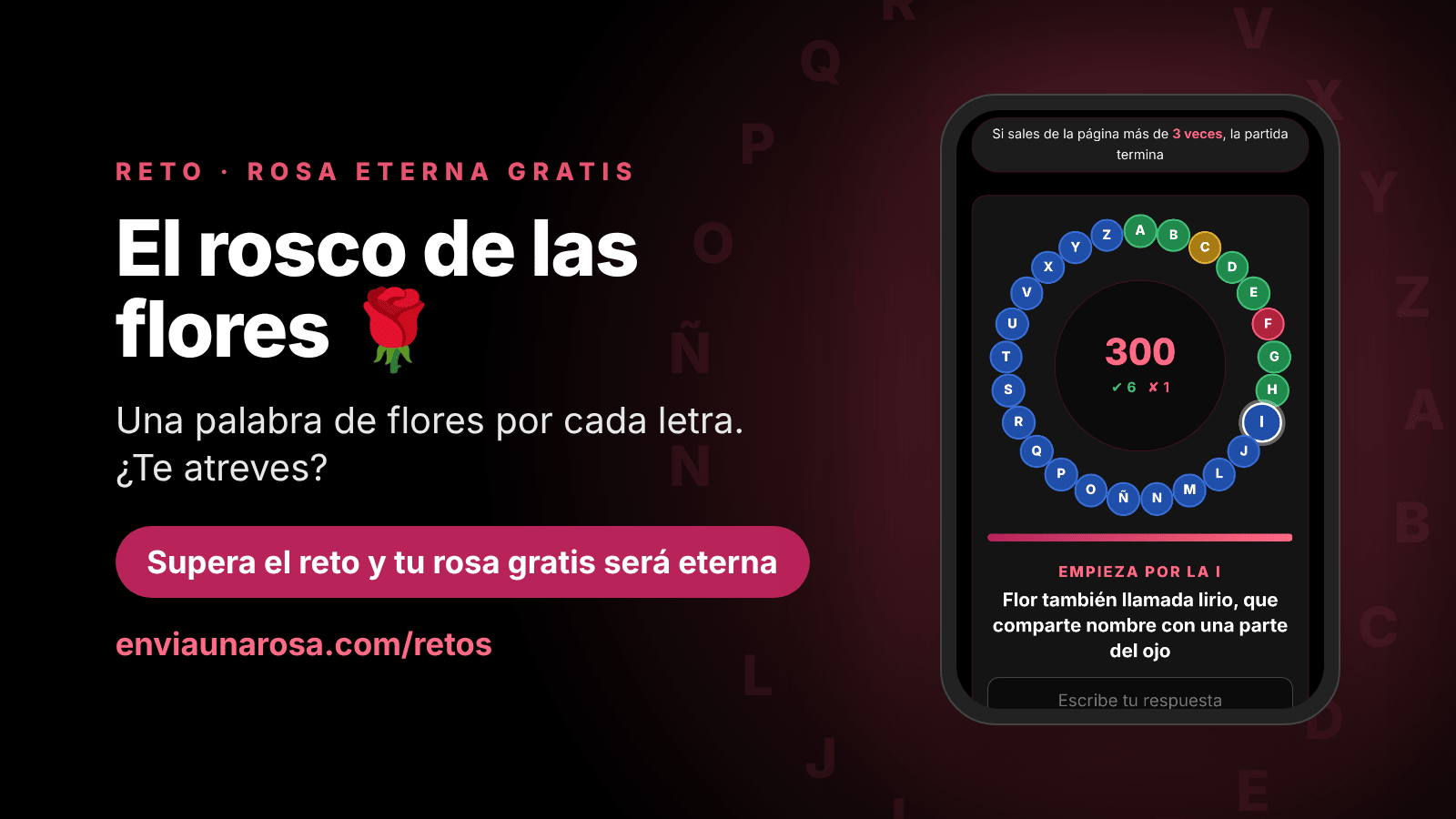 Portada del reto «El rosco de las flores» de enviaunarosa.com, un rosco de letras con definiciones sobre flores y jardín