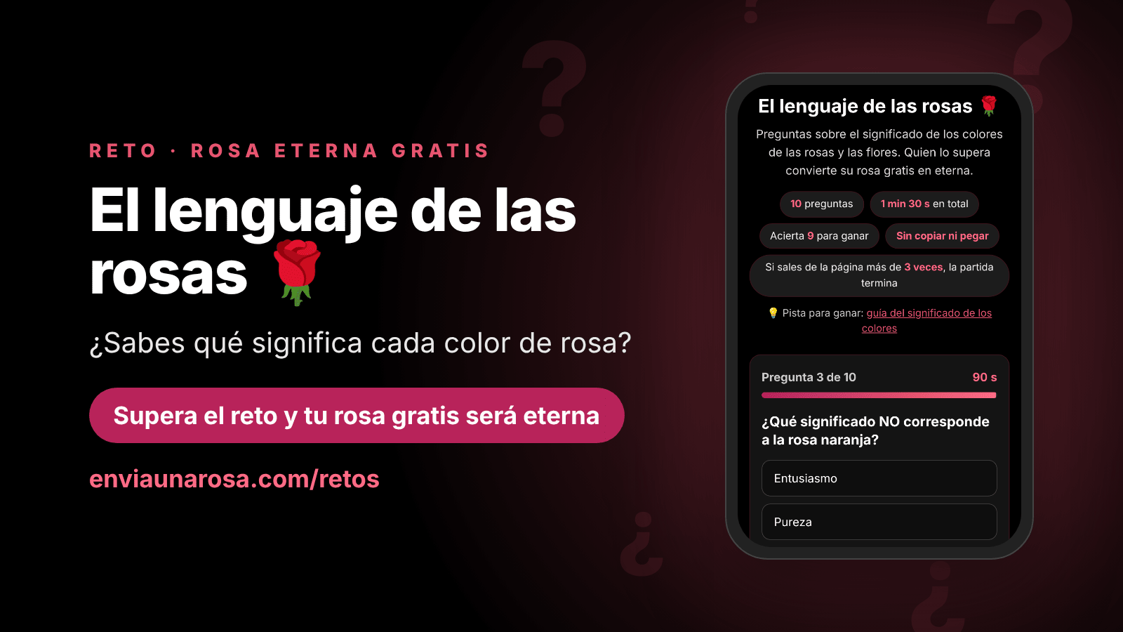Portada del reto «El lenguaje de las rosas» de enviaunarosa.com, un juego de preguntas sobre el significado de los colores de las rosas