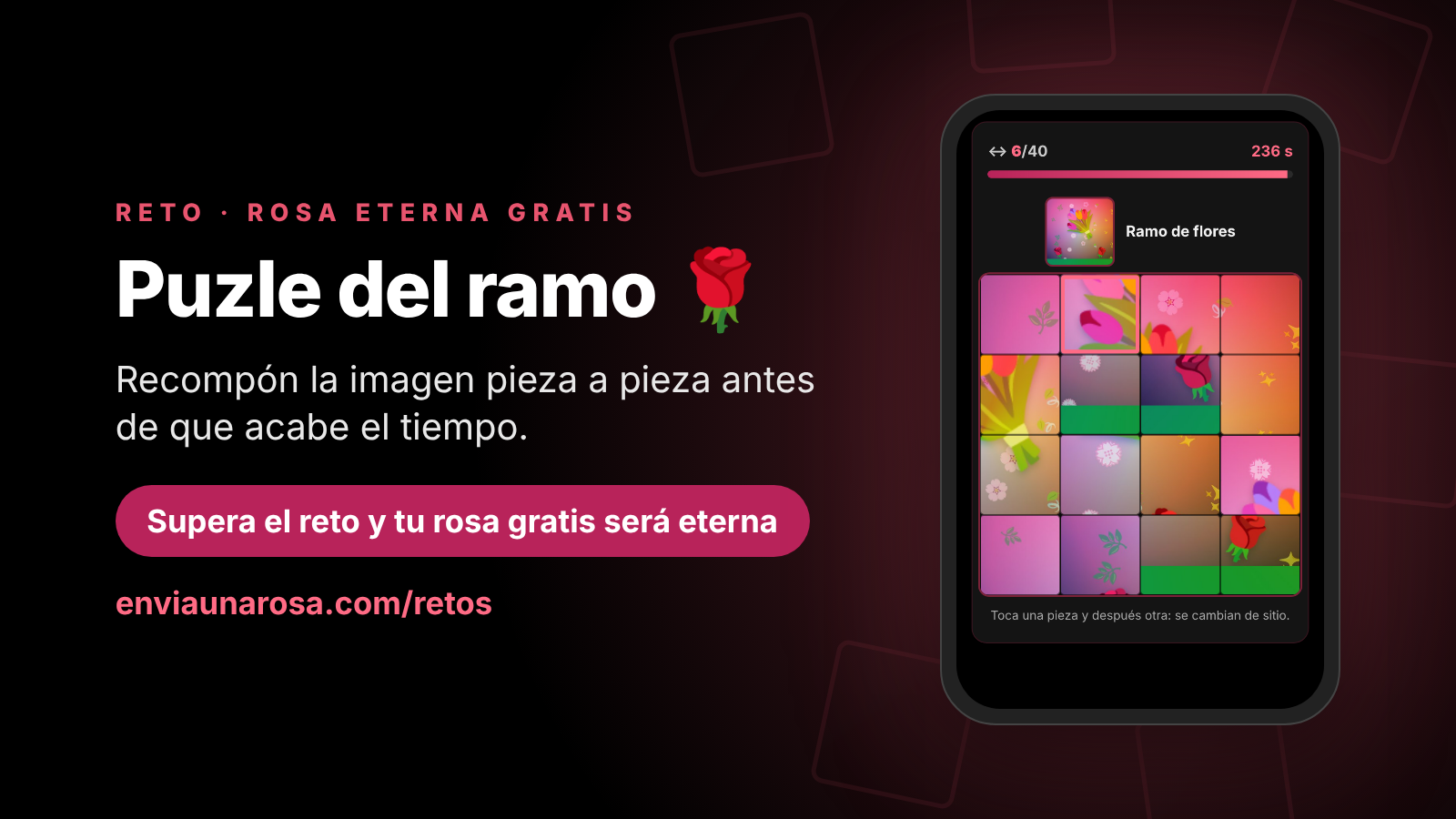 Portada del reto «Puzle del ramo» de enviaunarosa.com, un puzle de piezas con la imagen de un ramo de flores