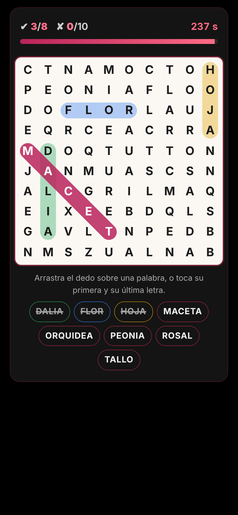 Así se juega a Sopa de letras de las flores en el móvil