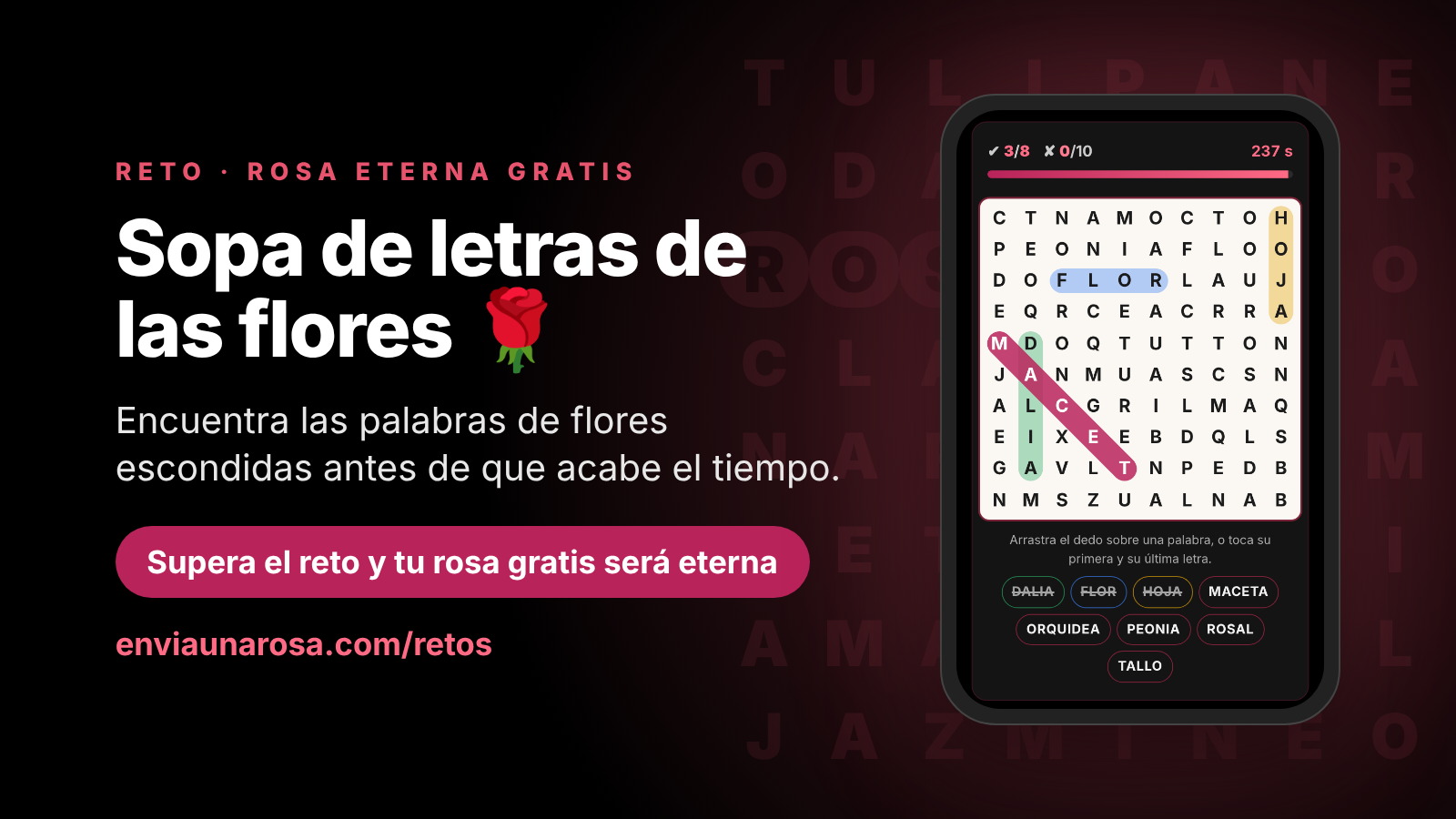 Portada del reto «Sopa de letras de las flores» de enviaunarosa.com, una sopa de letras con palabras de flores y jardín